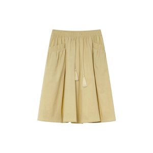 High-Waisted A-Line Short Skirt for Women, Elastic Pleated Big Pocket Tassel Design, Summer 2025 Petite Fashion Trend