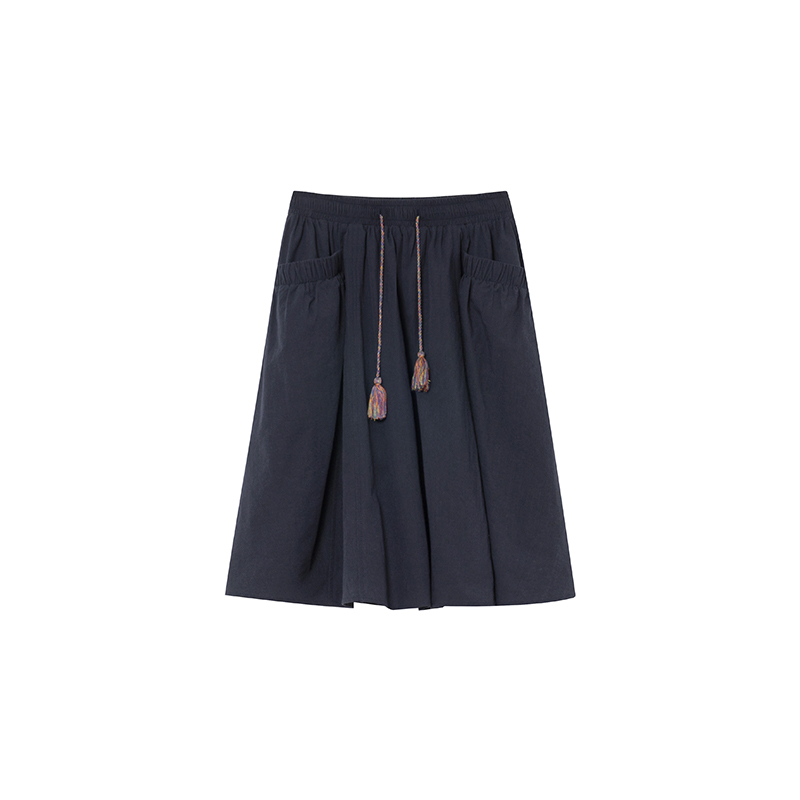 High-Waisted A-Line Short Skirt for Women, Elastic Pleated Big Pocket Tassel Design, Summer 2025 Petite Fashion Trend