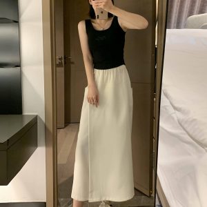 High-Waisted A-Line Skirt Pants, Slim-Fit, Wrinkle-Free Faux Two-Piece Design, Mid-Length with Pockets for Summer 2025 Fashion
