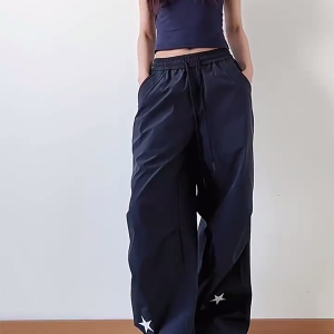High-Waisted American Retro Star Work Pants for Women, Slimming Wide-Leg Loose Casual Sports Style for Summer