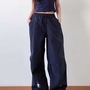 High-Waisted American Retro Star Work Pants for Women, Slimming Wide-Leg Loose Casual Sports Style for Summer