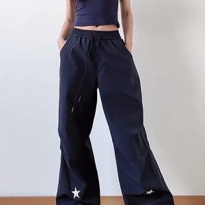 High-Waisted American Retro Star Work Pants for Women, Slimming Wide-Leg Loose Casual Sports Style for Summer