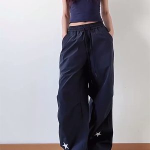 High-Waisted American Retro Star Work Pants for Women, Slimming Wide-Leg Loose Casual Sports Style for Summer