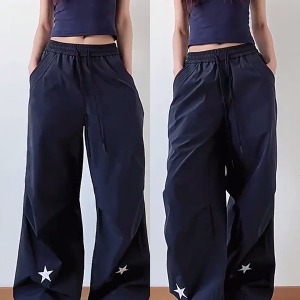 High-Waisted American Retro Star Work Pants for Women, Slimming Wide-Leg Loose Casual Sports Style for Summer