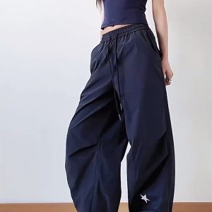 High-Waisted American Retro Star Work Pants for Women, Slimming Wide-Leg Loose Casual Sports Style for Summer
