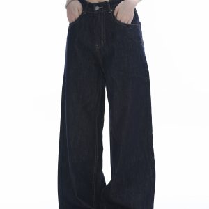 High-Waisted American Retro Wide-Leg Jeans for Women, Casual Draped Floor-Length Pants in Lazy Style