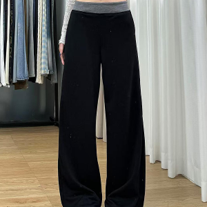 High-Waisted Black Color-Blocked Casual Sports Pants for Women, Loose-Fitting Wide-Leg Trousers for Spring 2025