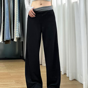 High-Waisted Black Color-Blocked Casual Sports Pants for Women, Loose-Fitting Wide-Leg Trousers for Spring 2025
