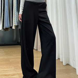 High-Waisted Black Color-Blocked Casual Sports Pants for Women, Loose-Fitting Wide-Leg Trousers for Spring 2025