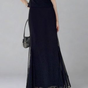 High-Waisted Black Fishtail A-Line Skirt for Women - Slimming, Versatile Design for Spring/Summer 2025, High Elasticity Fashion Essential