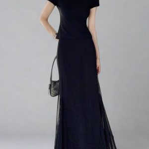 High-Waisted Black Fishtail A-Line Skirt for Women - Slimming, Versatile Design for Spring/Summer 2025, High Elasticity Fashion Essential