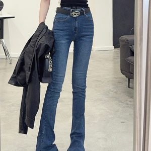 High-Waisted Black Flared Skinny Jeans for Women - Elongating, Slimming, Floor-Length, Trendy 90s Style