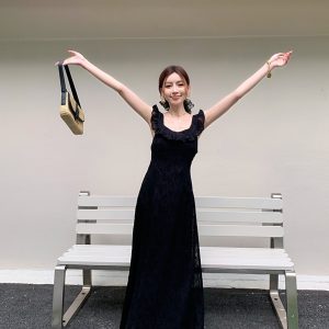 High-Waisted Black Floral Chiffon Long Dress with Slimming Square Neckline - Elegant Summer Vacation Style