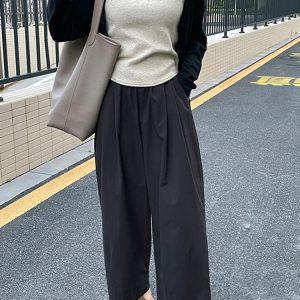 High-Waisted Black Plus Size Balloon Pants for Women - Casual Wide-Leg Nine-Point Trousers for Summer Style