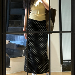 High-Waisted Black Polka Dot Midi Skirt for Women - Plus Size, Slimming Chiffon A-Line for Summer 2025, Trendy and Stylish
