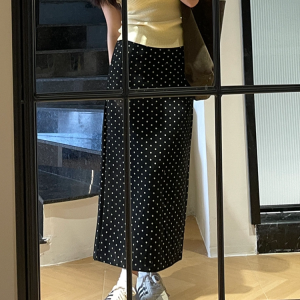 High-Waisted Black Polka Dot Midi Skirt for Women - Plus Size, Slimming Chiffon A-Line for Summer 2025, Trendy and Stylish