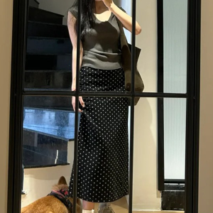 High-Waisted Black Polka Dot Midi Skirt for Women - Plus Size, Slimming Chiffon A-Line for Summer 2025, Trendy and Stylish