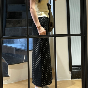 High-Waisted Black Polka Dot Midi Skirt for Women - Plus Size, Slimming Chiffon A-Line for Summer 2025, Trendy and Stylish