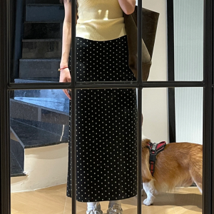 High-Waisted Black Polka Dot Midi Skirt for Women - Plus Size, Slimming Chiffon A-Line for Summer 2025, Trendy and Stylish