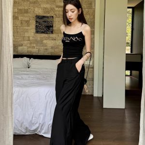 High-Waisted Black Wide-Leg Trousers - Lightweight Versatile Casual Pants for Spring & Summer Fashion