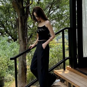 High-Waisted Black Wide-Leg Trousers - Lightweight Versatile Casual Pants for Spring & Summer Fashion