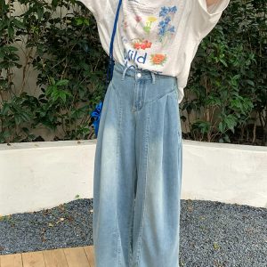 High-Waisted Blue Retro Patchwork Denim Pants for Women - Summer Loose Slim Wide-Leg Style, Vintage Inspired, Y2K Fashion