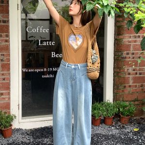 High-Waisted Blue Retro Patchwork Denim Pants for Women - Summer Loose Slim Wide-Leg Style, Vintage Inspired, Y2K Fashion