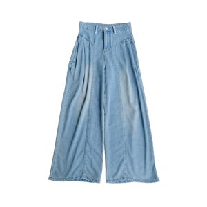 High-Waisted Blue Retro Patchwork Denim Pants for Women - Summer Loose Slim Wide-Leg Style, Vintage Inspired, Y2K Fashion