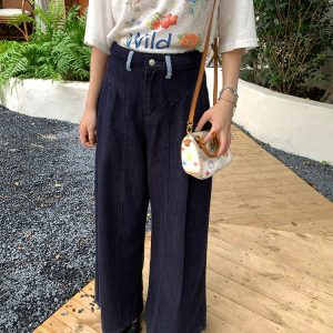 High-Waisted Blue Retro Patchwork Denim Pants for Women - Summer Loose Slim Wide-Leg Style, Vintage Inspired, Y2K Fashion