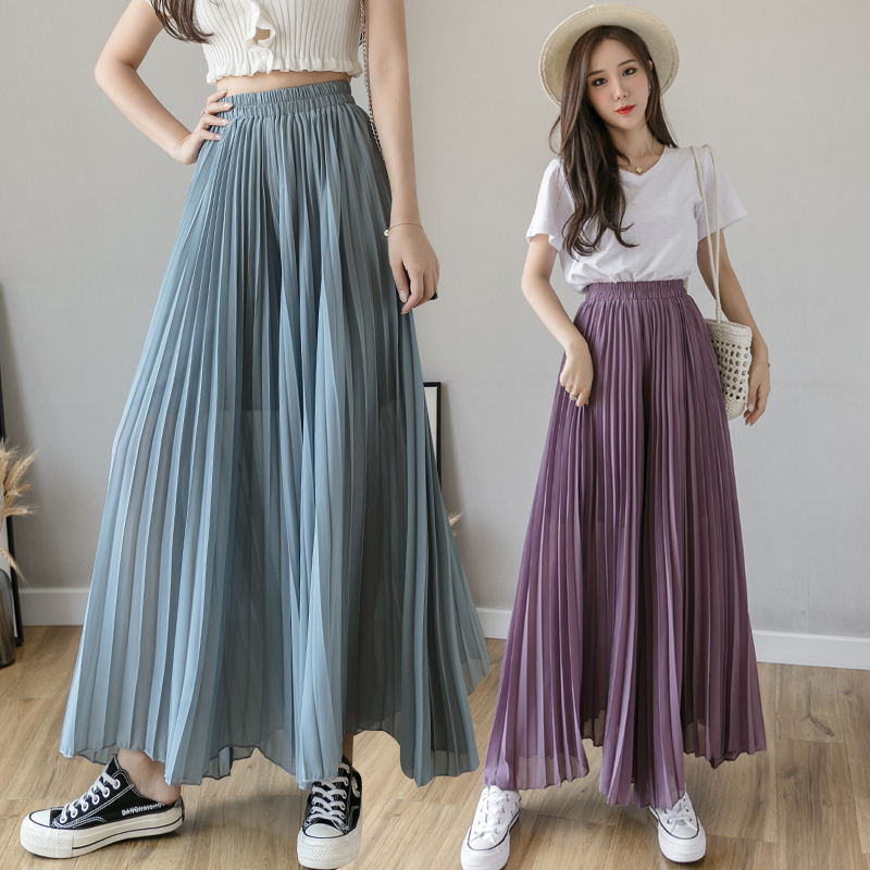 High-Waisted Chiffon Pleated Wide-Leg Culottes for Women, Flowy Draping Three-Quarter Pants, Summer Fashion Essentials