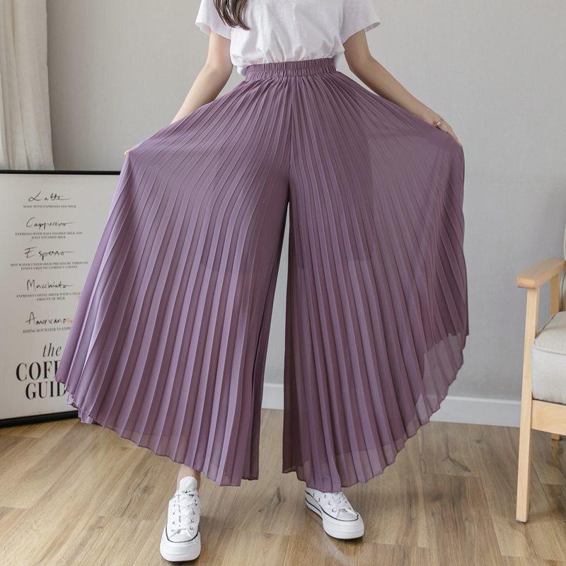 High-Waisted Chiffon Pleated Wide-Leg Culottes for Women, Flowy Draping Three-Quarter Pants, Summer Fashion Essentials