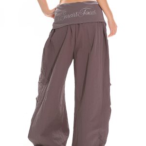 High-Waisted Cuffed Cargo Trousers with Rhinestone Detail - Versatile Pleated Wide-Leg Pants for Y2K and Street Style Fashion