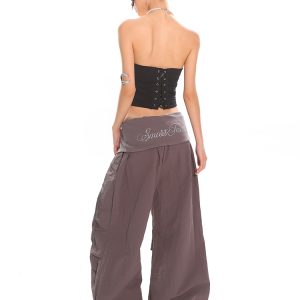 High-Waisted Cuffed Cargo Trousers with Rhinestone Detail - Versatile Pleated Wide-Leg Pants for Y2K and Street Style Fashion