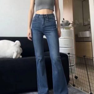 High-Waisted Dark Blue Flared Jeans for Plus Size Petite Women - Slimming Bell-Bottom Pants, 2025 New Style