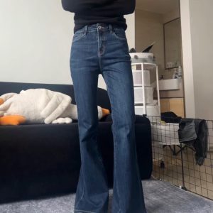 High-Waisted Dark Blue Flared Jeans for Plus Size Petite Women - Slimming Bell-Bottom Pants, 2025 New Style