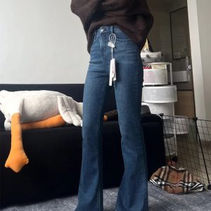 High-Waisted Dark Blue Flared Jeans for Plus Size Petite Women - Slimming Bell-Bottom Pants, 2025 New Style