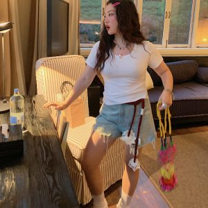 High-Waisted Distressed Denim Shorts for Women - Plus Size Trendy Summer 2025 Fashion