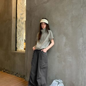 High-Waisted Draped Casual Work Pants for Women - American Style Metal Ring Rivet Design - Summer 2025 Fashion Trends