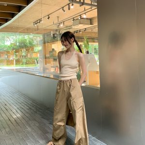 High-Waisted Draped Casual Work Pants for Women - American Style Metal Ring Rivet Design - Summer 2025 Fashion Trends