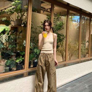 High-Waisted Draped Casual Work Pants for Women - American Style Metal Ring Rivet Design - Summer 2025 Fashion Trends