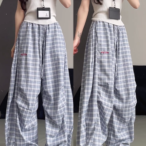 High-Waisted Draped Pleated Checkered Work Pants for Women, Loose Fit Wide-Leg Casual Sports Trousers, American Style