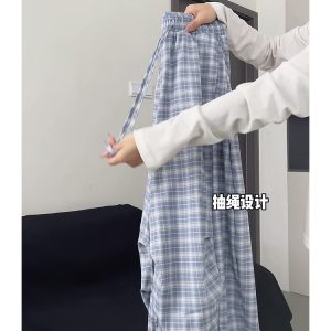 High-Waisted Draped Pleated Checkered Work Pants for Women, Loose Fit Wide-Leg Casual Sports Trousers, American Style