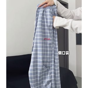 High-Waisted Draped Pleated Checkered Work Pants for Women, Loose Fit Wide-Leg Casual Sports Trousers, American Style