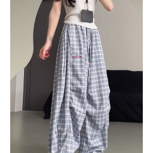 High-Waisted Draped Pleated Checkered Work Pants for Women, Loose Fit Wide-Leg Casual Sports Trousers, American Style