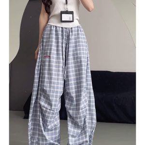 High-Waisted Draped Pleated Checkered Work Pants for Women, Loose Fit Wide-Leg Casual Sports Trousers, American Style