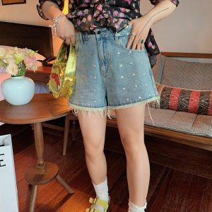 High-Waisted Gold Studded Denim Shorts for Women - Plus Size A-Line Slimming Summer 2025 Fashion for Curvy Girls