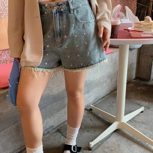 High-Waisted Gold Studded Denim Shorts for Women - Plus Size A-Line Slimming Summer 2025 Fashion for Curvy Girls