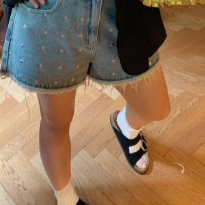 High-Waisted Gold Studded Denim Shorts for Women - Plus Size A-Line Slimming Summer 2025 Fashion for Curvy Girls