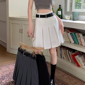 High-Waisted Gray Pleated Midi Skirt for Women, Plus Size, Korean Style College Fashion, Japanese Design Workwear Skirt