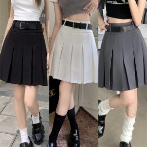 High-Waisted Gray Pleated Midi Skirt for Women, Plus Size, Korean Style College Fashion, Japanese Design Workwear Skirt